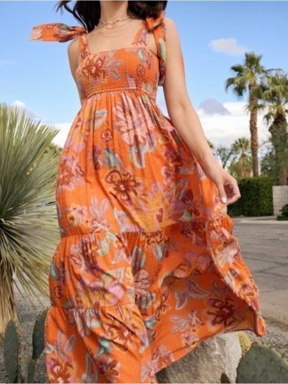 Fate Orange Floral Smocked Tie-Shoulder Maxi Dress